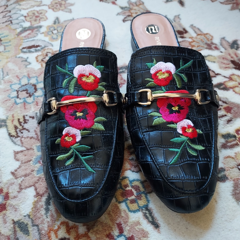 River Island Black Croc-Embossed Mules with Floral Embroidery